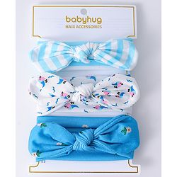 Babyhug Headbands with Knot Design Floral Stripe & Bird Print Pack of 3 - Blue & White