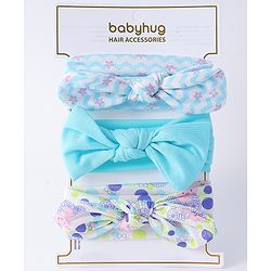 Babyhug Headbands with Knot Design Star Stripe & Animal Print Pack of 3 - Light Blue & White