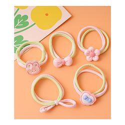 Babyhug Free Size Rubber Bands with Bow and Floral Applique Pack of 5 - Pink and Yellow