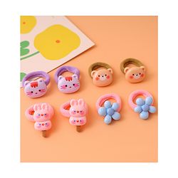 Babyhug Free Size Rubber Bands  with Floral Kitten and Bear Applique Pack of 8 - Pink Blue and Brown