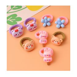 Babyhug Free Size Rubber Bands  with Floral Kitten and Bear Applique Pack of 8 - Pink Blue and Brown