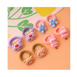 Babyhug Free Size Rubber Bands  with Floral Kitten and Bear Applique Pack of 8 - Pink Blue and Brown