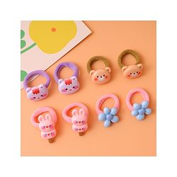 Babyhug Free Size Rubber Bands  with Floral Kitten and Bear Applique Pack of 8 - Pink Blue and Brown