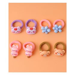 Babyhug Free Size Rubber Bands  with Floral Kitten and Bear Applique Pack of 8 - Pink Blue and Brown
