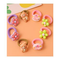 Babyhug Free Size Rubber Bands with Floral Bear and Donut Applique Pack of 8 - Pink Yellow and Brown