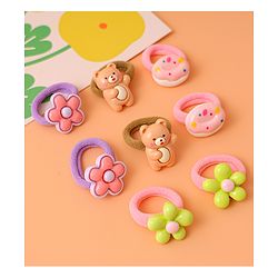 Babyhug Free Size Rubber Bands with Floral Bear and Donut Applique Pack of 8 - Pink Yellow and Brown