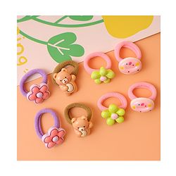 Babyhug Free Size Rubber Bands with Floral Bear and Donut Applique Pack of 8 - Pink Yellow and Brown