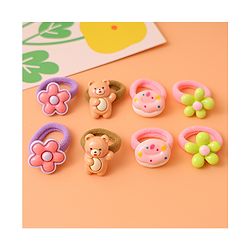 Babyhug Free Size Rubber Bands with Floral Bear and Donut Applique Pack of 8 - Pink Yellow and Brown