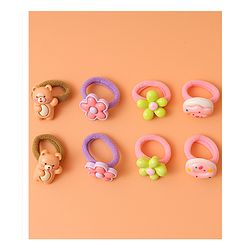 Babyhug Free Size Rubber Bands with Floral Bear and Donut Applique Pack of 8 - Pink Yellow and Brown