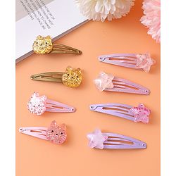 Babyhug Snap Clips with Star & Cat Applique Pack of 8 - Multicolor