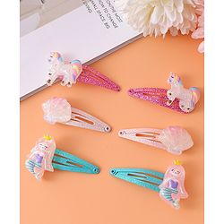 Babyhug Snap Clips with Unicorn & Mermaid Applique Pack of 6 - Multicolor