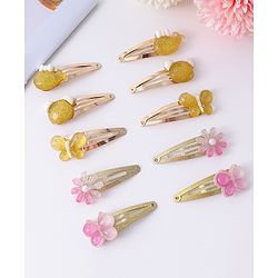 Babyhug Snap Clips with Fish Floral and Butterfly Applique Pack of 10 - Pink & Mustard