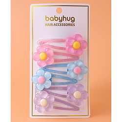 Babyhug Snap Clips with Floral Applique Pack of 6 - Pink Blue and Lilac
