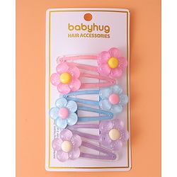 Babyhug Snap Clips with Floral Applique Pack of 6 - Pink Blue and Lilac