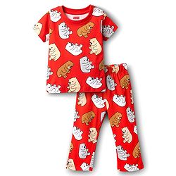 Babyhug Cotton Knit Half Sleeves Co-ords  Night Suit With Bear Print - Red