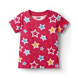 Babyhug Cotton Knit Half Sleeves Co-ords  Night Suit With Stars Print - Red