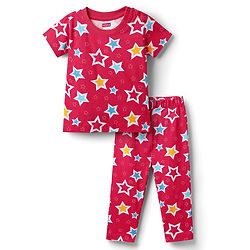 Babyhug Cotton Knit Half Sleeves Co-ords  Night Suit With Stars Print - Red