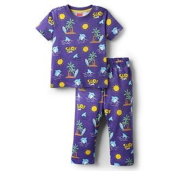 Babyhug Cotton Knit Half Sleeves Co-ords Night Suit With Beach Theme Print - Navy Blue