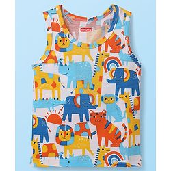 Babyhug 100% Cotton Sleeveless Animal Printed & Striped Sando Pack Of 3 -Orange Navy Blue & Yellow