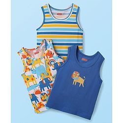Babyhug 100% Cotton Sleeveless Animal Printed & Striped Sando Pack Of 3 -Orange Navy Blue & Yellow