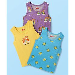 Babyhug 100% Cotton Sleeveless Teddy & Star Printed Sando Pack Of 3 -Purple Yellow & Blue