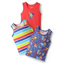 Babyhug 100% Cotton Single Jersey Knit Sleeveless Sando With Stripes & Dino Print Pack Of 3 - Red & Navy Blue