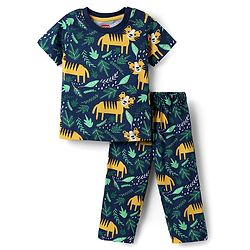 Babyhug Cotton Knit Half Sleeves Co-ords  Night Suit With Animals Print - Navy Blue