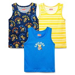 Babyhug 100% Cotton Single Jersey Knit Sando Stripes & Animal Print Pack Of 3 - Yellow Navy Blue & Blue