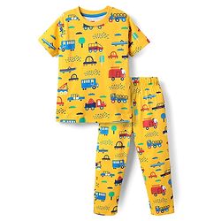 Babyhug Cotton Knit Half Sleeves Co-ords  Night Suit With Vehicles Print - Yellow