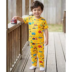 Babyhug Cotton Knit Half Sleeves Co-ords  Night Suit With Vehicles Print - Yellow