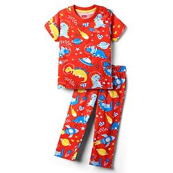 Babyhug Cotton Knit Half Sleeves Co-Ord Night Suit with Animal Print - Orange
