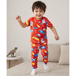 Babyhug Cotton Knit Half Sleeves Co-Ord Night Suit with Animal Print - Orange