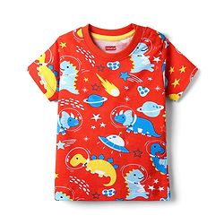 Babyhug Cotton Knit Half Sleeves Co-Ord Night Suit with Animal Print - Orange