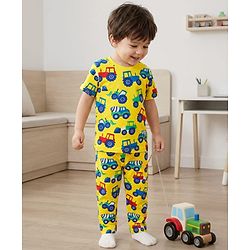 Babyhug Cotton Knit Half Sleeves Co-ords Night Suit with Vehicle Print - Yellow