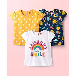 Babyhug 100% Cotton Knit Half Sleeves T-Shirts with Rainbow & Polka Dots Print Pack of 3 - Yellow Navy Blue & White