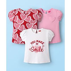 Babyhug 100% Cotton Knit T-Shirts with Text Heart Print & Patch Detailing Pack of 3 - Red Pink & White