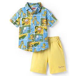 Babyhug Interlock Knit Half Sleeves Shirt & Shorts Set With Animal Print - Light Blue & Yellow
