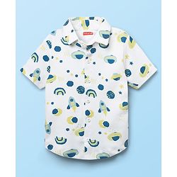 Babyhug Interlock Knit Half Sleeves Shirts & Shorts Set With Space Theme Print - White & Grey