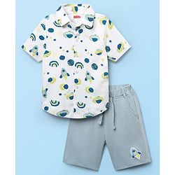 Babyhug Interlock Knit Half Sleeves Shirts & Shorts Set With Space Theme Print - White & Grey