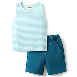 Babyhug Interlock Knit Sleeveless Striped Tank T-Shirt & Shorts Set - Light Blue