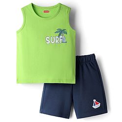 Babyhug Single Jersey Knit Sleeveless Tank T-Shirt & Shorts Set with Beach Theme Print - Navy Blue & Lime Green