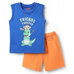 Babyhug Single Jersey Knit Sleeveless Tank T-Shirt & Shorts Set with Animal Print - Blue & Orange