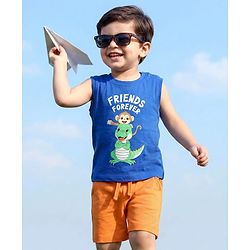 Babyhug Single Jersey Knit Sleeveless Tank T-Shirt & Shorts Set with Animal Print - Blue & Orange