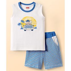 Babyhug 100% Cotton Interlock Knit Sleeveless Tank T-Shirt & Striped Shorts Set With Elephant Print - White & Blue