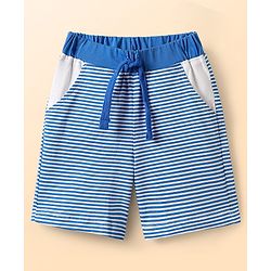 Babyhug 100% Cotton Interlock Knit Sleeveless Tank T-Shirt & Striped Shorts Set With Elephant Print - White & Blue