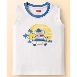 Babyhug 100% Cotton Interlock Knit Sleeveless Tank T-Shirt & Striped Shorts Set With Elephant Print - White & Blue