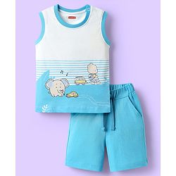 Babyhug 100% Cotton Single Jersey Knit Sleeveless Tank T-Shirt & Shorts Set with Animal Print - Light Blue