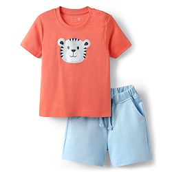 Babyhug Interlock Knit Half Sleeves T-Shirt & Shorts Set With Tiger Print - Red & Blue