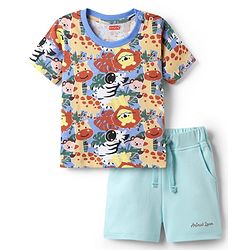 Babyhug Interlock Knit Half Sleeves T-Shirt & Shorts Set with Jungle Theme Print - Light Blue