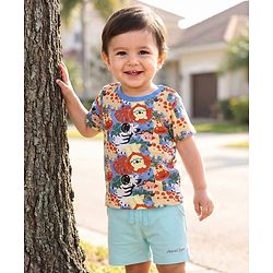 Babyhug Interlock Knit Half Sleeves T-Shirt & Shorts Set with Jungle Theme Print - Light Blue
